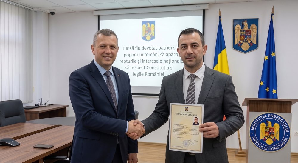 Клиент получает сертификат о гражданстве Румынии на церемонии присяги